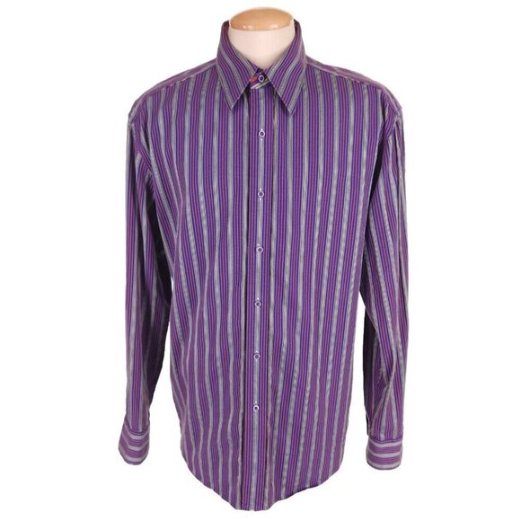 Robert Graham Cotton Embroidered LS Shirt Size XL Mens Cotton Purple Stripe - Picture 7 of 13